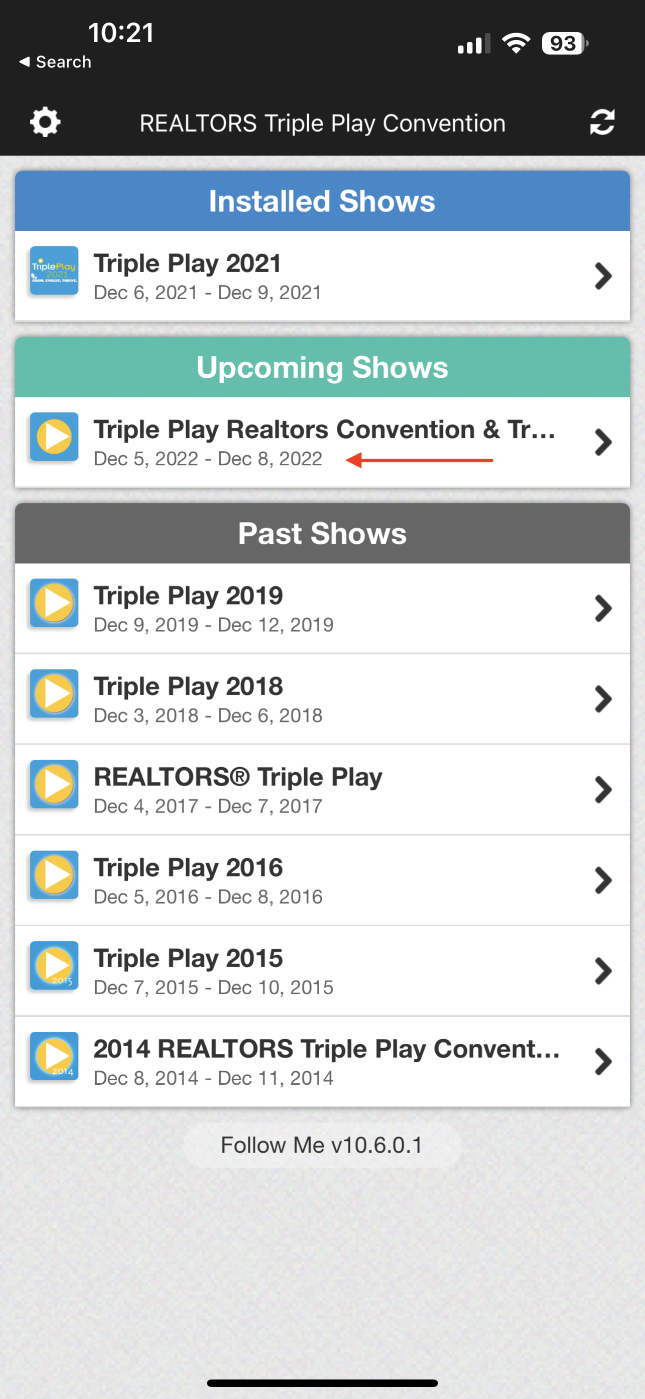 Under Upcoming Shows, tap the 2022 Show